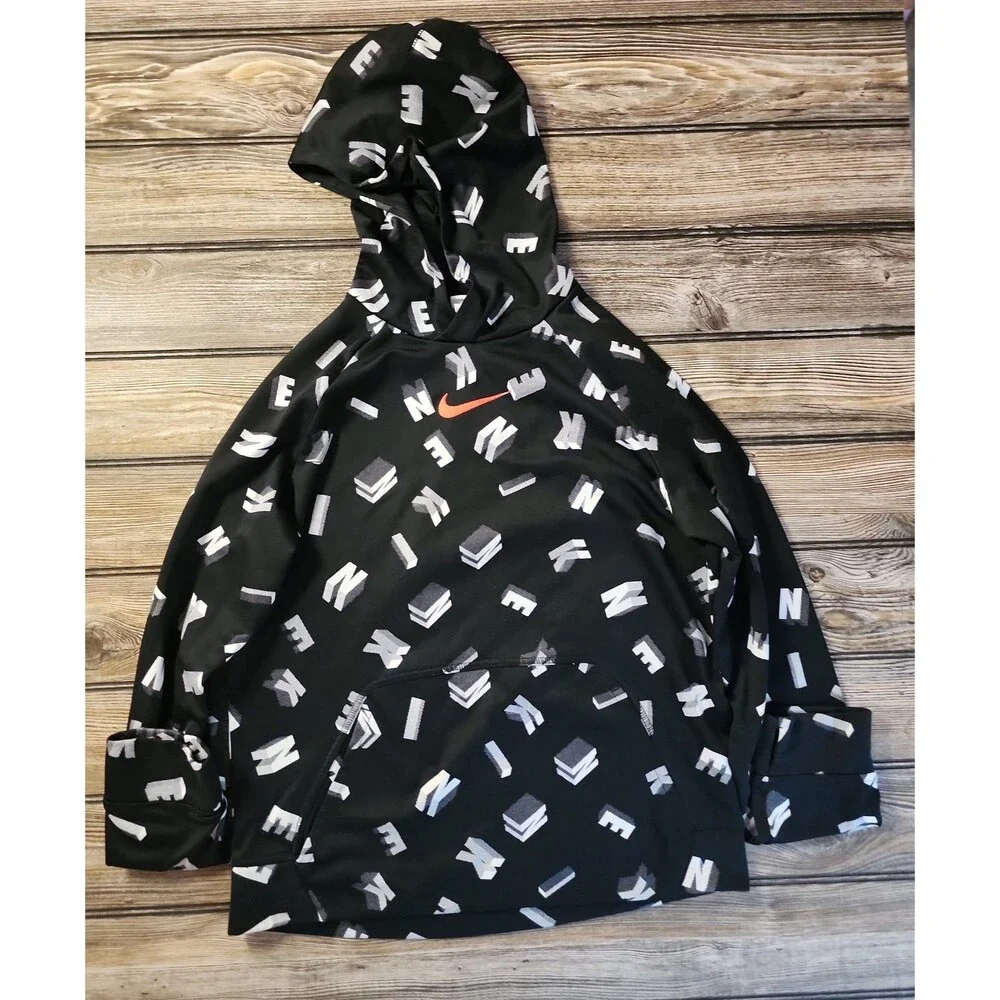 Nike All Over Print Hoodie Black Orange Logo Boy's XL Thermal Fit